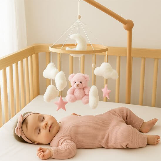 Mobile de lit bébé avec nuages et ourson rose au-dessus d'un bébé endormi dans un lit en bois.