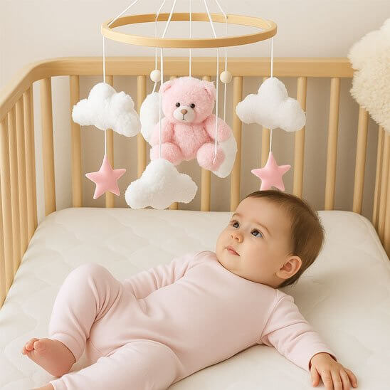 Mobile de lit bébé avec ourson rose et nuages, créant un univers apaisant pour le sommeil de bébé.